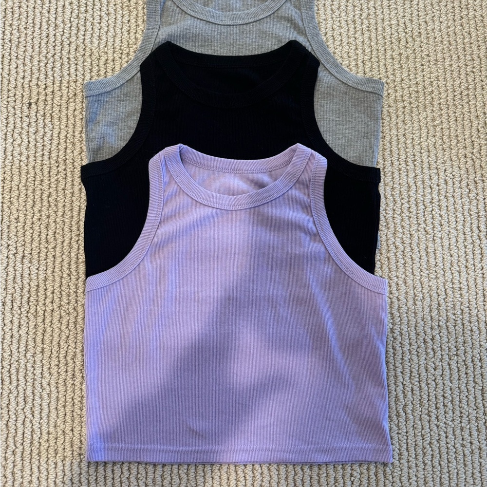 DEAL- 3 Tank Tops for 1, Ribbed Halter Tank Tops Cropped- Purple/Black/Grey